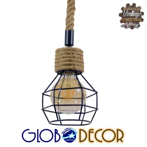 GloboStar® HELLET 01182 Vintage Industrial Κρεμαστό Φωτιστικό Οροφής Μονόφωτο Μαύρο Μεταλλικό Πλέγμα με Μπεζ Σχοινί Φ16 x Y25cm