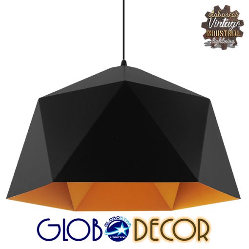 GloboStar® HEXAGON 01195 Μοντέρνο Κρεμαστό Φωτιστικό Οροφής Μονόφωτο Μαύρο - Χρυσό Μεταλλικό Καμπάνα Φ46 x Y25cm