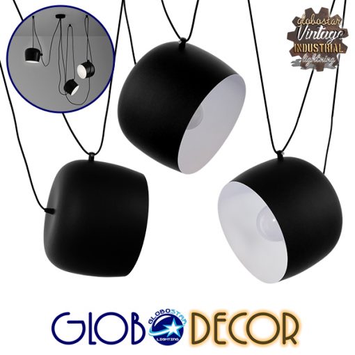 GloboStar® JASPER 01375 SET 3 Μοντέρνα Κρεμαστά Φωτιστικά Οροφής Μονόφωτα Μαύρα Λευκά Μεταλλικά Καμπάνα Φ25 x Υ22cm