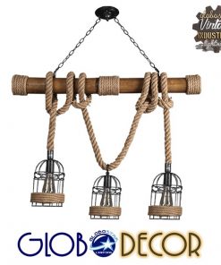 GloboStar® LILO 01149 Vintage Κρεμαστό Φωτιστικό Οροφής Τρίφωτο Καφέ Ξύλινο Bamboo με Μπεζ Σχοινί Μ80 x Π15 x Υ100cm