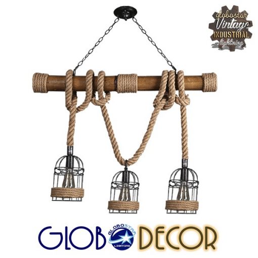 GloboStar® LILO 01149 Vintage Κρεμαστό Φωτιστικό Οροφής Τρίφωτο Καφέ Ξύλινο Bamboo με Μπεζ Σχοινί Μ80 x Π15 x Υ100cm