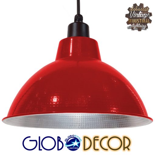 GloboStar® LOUVE 01177 Vintage Industrial Κρεμαστό Φωτιστικό Οροφής Μονόφωτο Κόκκινο Μεταλλικό Καμπάνα Φ39 x Y32cm