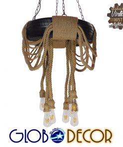 GloboStar® MARBELLA 01116 Vintage Industrial Κρεμαστό Φωτιστικό Οροφής Πολύφωτο Μαύρο με Μπεζ Σχοινι Φ60 x Y60cm