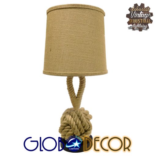 GloboStar® MONKEY FIST 01162 Vintage Επιτραπέζιο Φωτιστικό Πορτατίφ Μονόφωτο με Μπεζ Σχοινί και Καπέλο Φ29 x Υ60cm