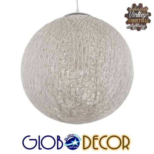 GloboStar® OCEANA 01359 Vintage Κρεμαστό Φωτιστικό Οροφής Μονόφωτο Λευκό Ξύλινο Ψάθινο Rattan Φ40 x Υ40cm
