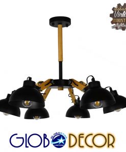 GloboStar® OLD SCHOOL 01094 Μοντέρνο Φωτιστικό Οροφής Πολύφωτο Μαύρο Μεταλλικό με Φυσικό Ξύλο Καμπάνα Φ75 x Y38cm