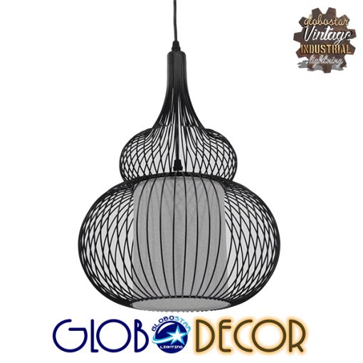 GloboStar® PANYA 01199 Μοντέρνο Κρεμαστό Φωτιστικό Οροφής Μονόφωτο Μαύρο Μεταλικό Πλέγμα με Υφασμάτινο Εσωτερικό Καπέλο Φ31 x Y42cm