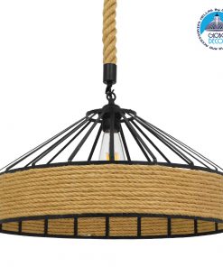 GloboStar® POLI 01147 Vintage Κρεμαστό Φωτιστικό Οροφής Μονόφωτο Μαύρο Μεταλλικό με Μπεζ Σχοινί Φ50 x Y25cm