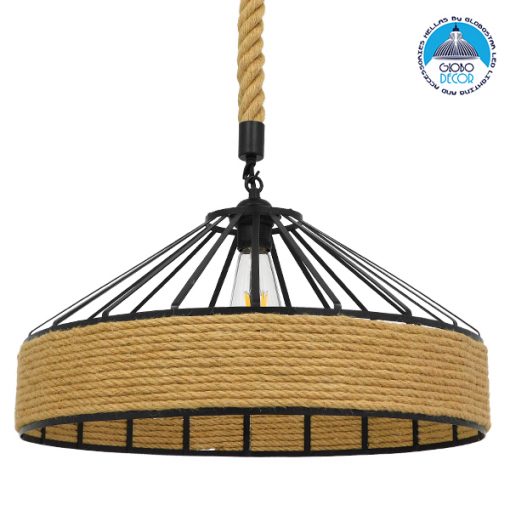 GloboStar® POLI 01147 Vintage Κρεμαστό Φωτιστικό Οροφής Μονόφωτο Μαύρο Μεταλλικό με Μπεζ Σχοινί Φ50 x Y25cm