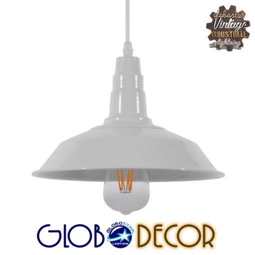 GloboStar® RAY 01044 Vintage Industrial Κρεμαστό Φωτιστικό Οροφής Μονόφωτο Λευκό Μεταλλικό Καμπάνα Φ26 x Y25cm