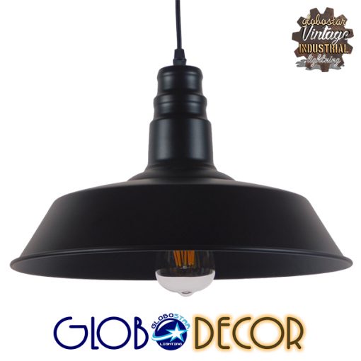 GloboStar® RAY 01049 Vintage Industrial Κρεμαστό Φωτιστικό Οροφής Μονόφωτο Μαύρο Μεταλλικό Καμπάνα Φ36 x Y25cm