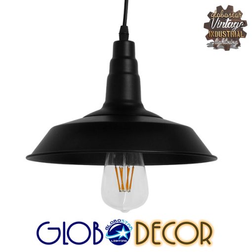 GloboStar® RAY 01050 Vintage Industrial Κρεμαστό Φωτιστικό Οροφής Μονόφωτο Μαύρο Μεταλλικό Καμπάνα Φ26 x Y25cm