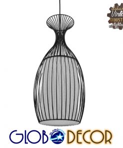 GloboStar® REA 01196 Μοντέρνο Κρεμαστό Φωτιστικό Οροφής Μονόφωτο Μαύρο Μεταλλικό Πλέγμα με Υφασμάτινο Εσωτερικό Καπέλο Φ20 x Y44cm