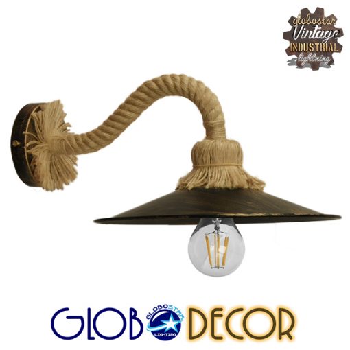 GloboStar® ROBLY 01125 Vintage Φωτιστικό Τοίχου Απλίκα Μονόφωτο Μπρούτζινο Σκουριά Μεταλλικό με Καπέλο και με Μπεζ Σχοινί Φ27 x Μ35 x Π27 x Υ20cm