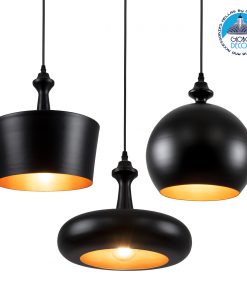 GloboStar® ROCKFORD 01287 SET 3 Μοντέρνα Κρεμαστά Φωτιστικά Οροφής Μονόφωτα Μαύρα Μεταλλικά Καμπάνα