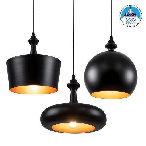 GloboStar® ROCKFORD 01287 SET 3 Μοντέρνα Κρεμαστά Φωτιστικά Οροφής Μονόφωτα Μαύρα Μεταλλικά Καμπάνα