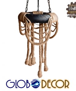 GloboStar® RUNNER 01115 Vintage Industrial Κρεμαστό Φωτιστικό Οροφής Πολύφωτο Μαύρο με Μπεζ Σχοινί Φ45 x Y60cm