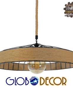 GloboStar® SAHARA 01416 Vintage Κρεμαστό Φωτιστικό Οροφής Μονόφωτο Μαύρο Μεταλλικό με Μπεζ Σχοινί Φ80 x Υ25cm