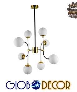 GloboStar® STARDUST 01649 Vintage Industrial Φωτιστικό Οροφής Πολύφωτο Μαύρο - Χρυσό Μεταλλικό Πολυέλαιος με Γυάλινες Μπάλες Λευκό Ματ Φ75 x Y100cm
