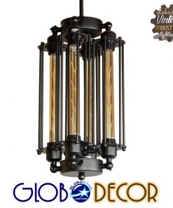 GloboStar® TUBING 01013 Vintage Industrial Κρεμαστό Φωτιστικό Οροφής Πολύφωτο Μαύρο Μεταλλικό Πλέγμα  Φ27 x Y47cm