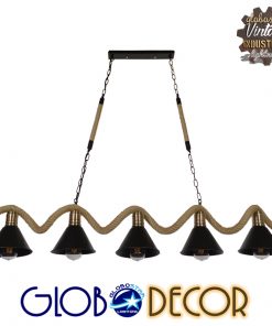 GloboStar® TYMEN 01190 Vintage Φωτιστικό Οροφής Πολύφωτο Μαύρο Μεταλλικό Καμπάνα με Μπεζ Σχοινί Μ150 x Π22 x Υ23cm