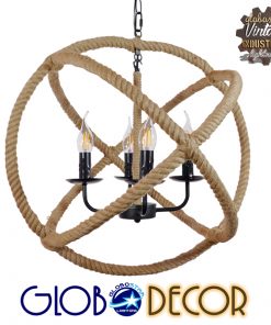 GloboStar® VITRUVIAN 01141 Vintage Κρεμαστό Φωτιστικό Οροφής Πολύφωτο Μαύρο Μεταλλικό Πολυέλαιος με Μπεζ Σχοινί Φ53 x Y52cm