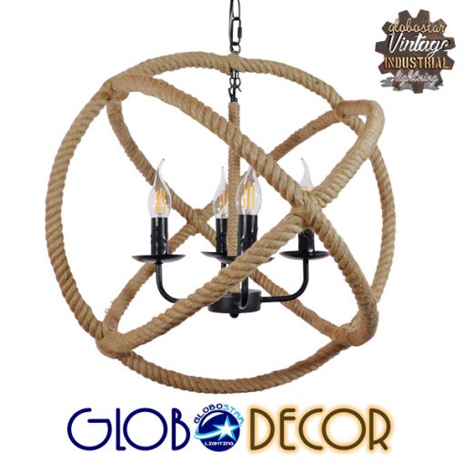 GloboStar® VITRUVIAN 01141 Vintage Κρεμαστό Φωτιστικό Οροφής Πολύφωτο Μαύρο Μεταλλικό Πολυέλαιος με Μπεζ Σχοινί Φ53 x Y52cm