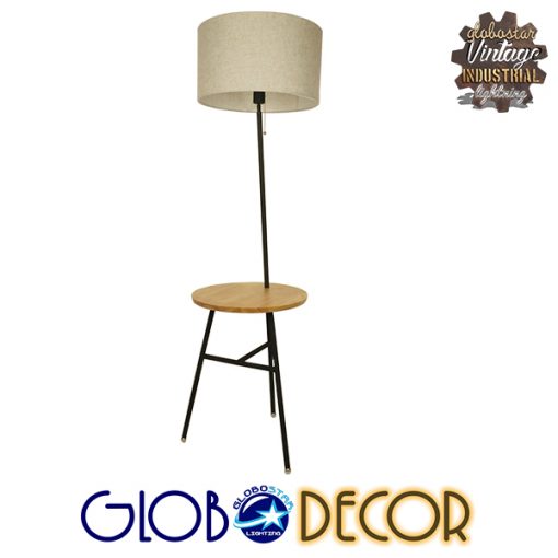 GloboStar® ZASHINE 01207 Μοντέρνο Φωτιστικό Δαπέδου Μονόφωτο 1 x E27 Μαύρο Μεταλλικό με Μπεζ Ξύλινη Επιφάνεια Καμπάνα D45 x H157cm