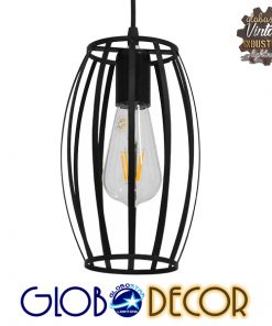 GloboStar® ZEBRA 01062 Vintage Industrial Κρεμαστό Φωτιστικό Οροφής Μονόφωτο Μαύρο Μεταλλικό Πλέγμα Φ15 x Y24cm