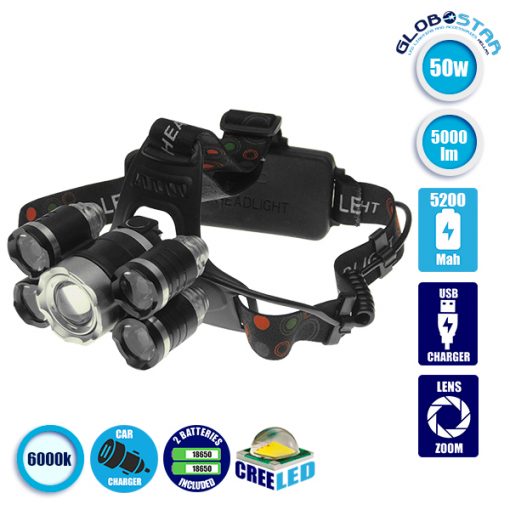 Πανίσχυρος Φακός Κεφαλής LED CREE XML2-T6 CHIP Ασημί Επαναφορτιζόμενος 5000 Lumen 5200mAh GloboStar 05998
