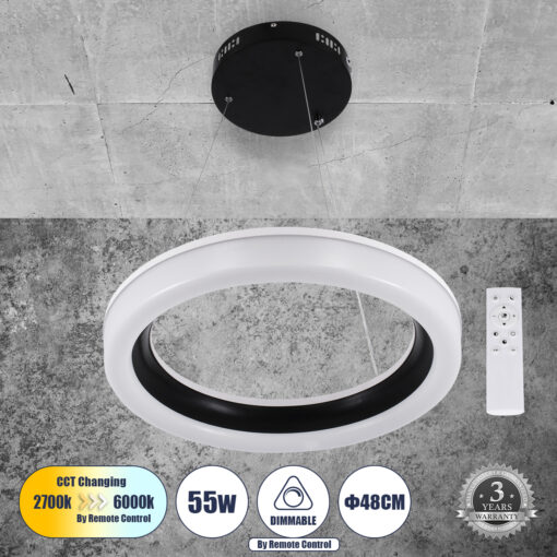 GloboStar® GLOBOSTAR® ARIANA 61037 Μοντέρνο Κρεμαστό Φωτιστικό Οροφής LED 55W 6376lm 120° AC 220-240V IP20 Ρυθμιζόμενο Λευκό CCT με Χειριστήριο από 2700K έως 6000K Dimmable - Lumileds SMD Chip - Μαυρό - Μ48 x Π48 x Υ6.5cm - 3 Χρόνια Εγγύηση