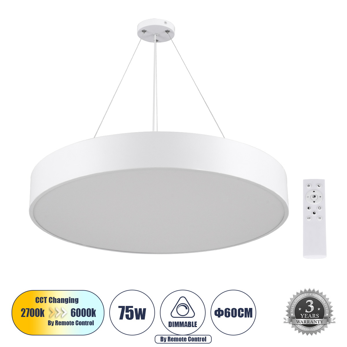 GLOBOSTAR® BURTON 61203-P Μοντέρνο Κρεμαστό Φωτιστικό Οροφής LED 75W 8625lm 120° AC 220-240V IP20 Ρυθμιζόμενο Λευκό CCT με Χειριστήριο από 2700K έως 6000K Dimmable - Lumileds SMD Chip - Λευκό - Μ60 x Π60 x Υ8cm - 3 Χρόνια Εγγύηση 3 GloboStar® GLOBOSTAR® BURTON 61203-P Μοντέρνο Κρεμαστό Φωτιστικό Οροφής LED 75W 8625lm 120° AC 220-240V IP20 Ρυθμιζόμενο Λευκό CCT με Χειριστήριο από 2700K έως 6000K Dimmable - Lumileds SMD Chip - Λευκό - Μ60 x Π60 x Υ8cm - 3 Χρόνια Εγγύηση