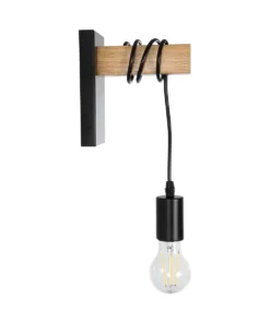 GloboStar® KELA 00880 Μοντέρνο Επιτοίχιο Φωτιστικό Απλίκα Μονόφωτο 1 x E27 IP20 Μαύρο Μέταλλο με Μπεζ Ξύλο - Μ8 x Π15 x Υ30cm 12 00880 4