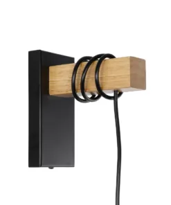 GloboStar® KELA 00880 Μοντέρνο Επιτοίχιο Φωτιστικό Απλίκα Μονόφωτο 1 x E27 IP20 Μαύρο Μέταλλο με Μπεζ Ξύλο - Μ8 x Π15 x Υ30cm 13 00880 5