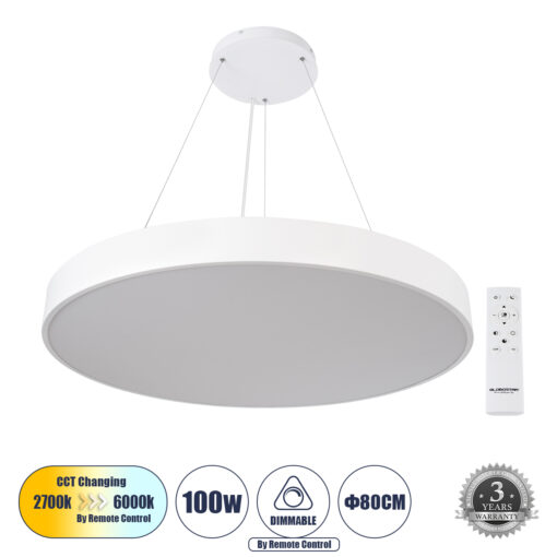 GloboStar® GLOBOSTAR® BURTON 61205-P Μοντέρνο Κρεμαστό Φωτιστικό Οροφής LED 100W 11020lm 120° AC 220-240V IP20 Ρυθμιζόμενο Λευκό CCT με Χειριστήριο από 2700K έως 6000K Dimmable - Lumileds SMD Chip - Λευκό - Μ80 x Π80 x Υ8cm - 3 Χρόνια Εγγύηση