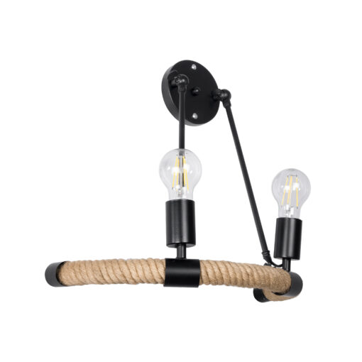 GloboStar® GloboStar® CROWN 01002 Vintage Επιτοίχιο Φωτιστικό Απλίκα Δίφωτο 2 x E27 IP20 Μαύρο Μέταλλο με Μπεζ Σχοινί - Μ41 x Π24 x Υ40cm