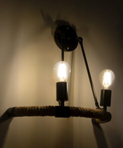 Alternative view of GloboStar® CROWN 01002 Vintage Επιτοίχιο Φωτιστικό Απλίκα Δίφωτο 2 x E27 IP20 Μαύρο Μέταλλο με Μπεζ Σχοινί - Μ41 x Π24 x Υ40cm