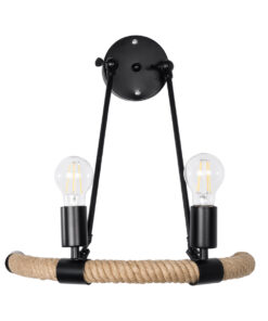 GloboStar® CROWN 01002 Vintage Επιτοίχιο Φωτιστικό Απλίκα Δίφωτο 2 x E27 IP20 Μαύρο Μέταλλο με Μπεζ Σχοινί - Μ41 x Π24 x Υ40cm 9 01002 4