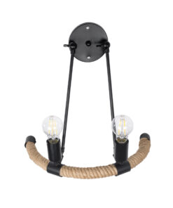 GloboStar® CROWN 01002 Vintage Επιτοίχιο Φωτιστικό Απλίκα Δίφωτο 2 x E27 IP20 Μαύρο Μέταλλο με Μπεζ Σχοινί - Μ41 x Π24 x Υ40cm 11 01002 6