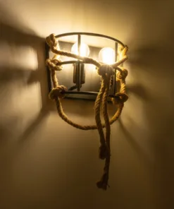 Alternative view of GloboStar® BARBOSA 01083 Vintage Επιτοίχιο Φωτιστικό Απλίκα Δίφωτο 2 x E27 IP20 Μαύρο Μέταλλο με Μπεζ Σχοινί Μ30 x Π16 x Υ20cm