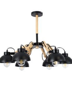 GloboStar® GloboStar® OLD SCHOOL 01094 Μοντέρνο Φωτιστικό Οροφής Καμπάνα Πολύφωτο 6 x E27 IP20 Μαύρο Μέταλλο με Μπεζ Ξύλο - Μ75 x Π75 x Υ40cm