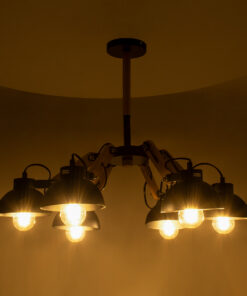 Alternative view of GloboStar® OLD SCHOOL 01094 Μοντέρνο Φωτιστικό Οροφής Καμπάνα Πολύφωτο 6 x E27 IP20 Μαύρο Μέταλλο με Μπεζ Ξύλο - Μ75 x Π75 x Υ40cm