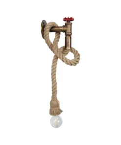 GloboStar® TROUVER 01183 Vintage Επιτοίχιο Φωτιστικό Απλίκα Μονόφωτο 1 x E27 IP20 Μπρούτζινο & Κόκκινο Μέταλλο με Μπεζ Σχοινί Μ14 x Π16 x Υ50cm 10 01183 2