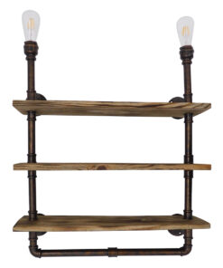 GloboStar® GloboStar® ENIMAS 01217 Vintage Επιτοίχιο Φωτιστικό Απλίκα Δίφωτο 2 x E27 IP20 Χάλκινο Μέταλλο με Καφέ Ξύλο - Μ65 x Π23 x Υ76cm