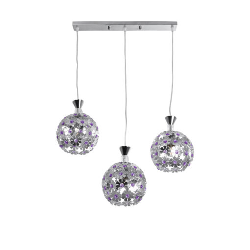 GloboStar® GLOBOSTAR® BOUQUET 01249 Μοντέρνο Κρεμαστό Φωτιστικό Οροφής με Ντουί 3 x E27 AC 220-240V IP20 - Ασημί & Μωβ - Μ66 x Π18 x Υ24cm