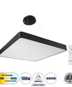 GloboStar® GLOBOSTAR® KAMALA 61210-P Μοντέρνο Κρεμαστό Φωτιστικό Οροφής LED 100W 11020lm 120° AC 220-240V IP20 Ρυθμιζόμενο Λευκό CCT με Χειριστήριο από 2700K έως 6000K Dimmable - Lumileds SMD Chip - Μαύρο - Μ80 x Π80 x Υ8cm - 3 Χρόνια Εγγύηση