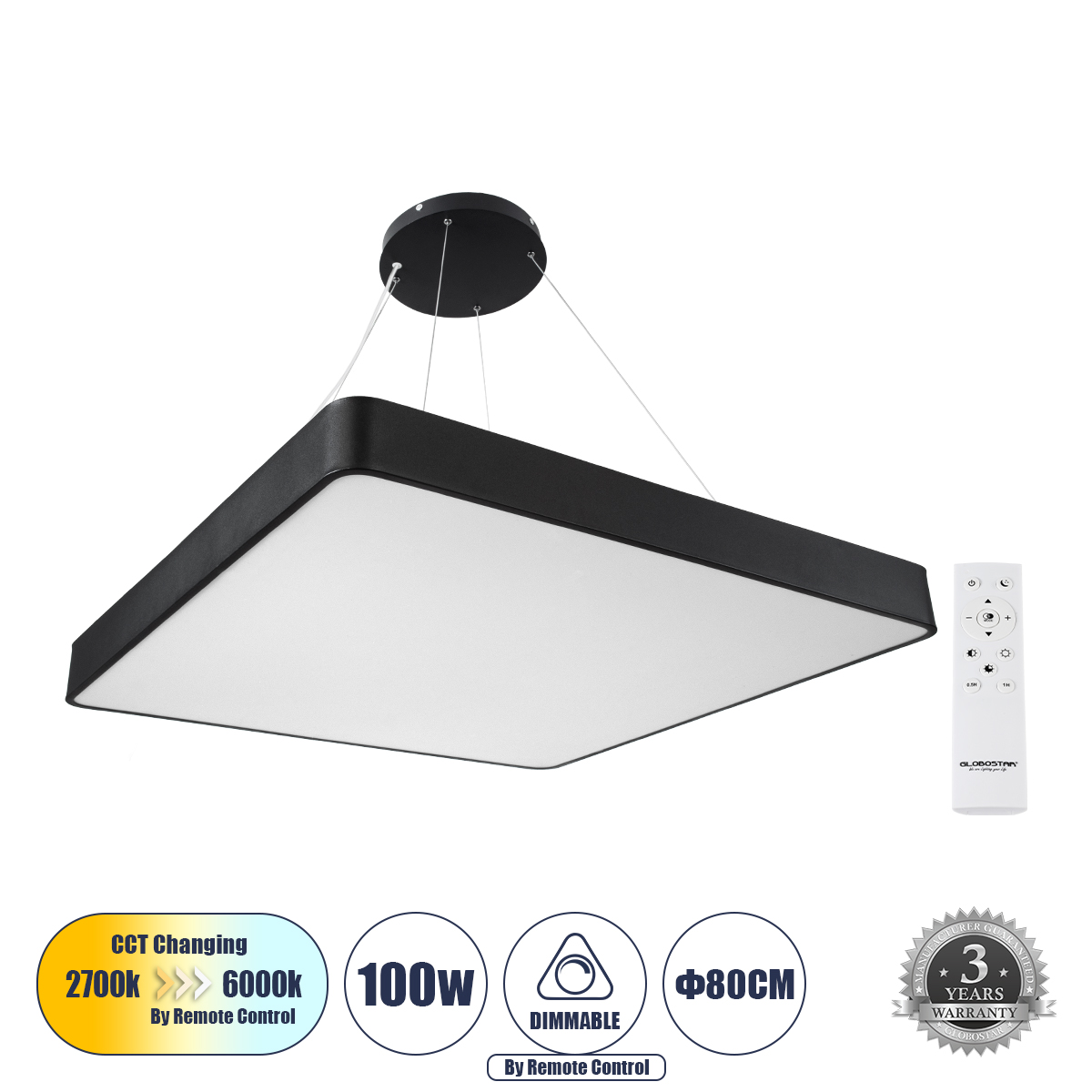 GLOBOSTAR® KAMALA 61210-P Μοντέρνο Κρεμαστό Φωτιστικό Οροφής LED 100W 11020lm 120° AC 220-240V IP20 Ρυθμιζόμενο Λευκό CCT με Χειριστήριο από 2700K έως 6000K Dimmable - Lumileds SMD Chip - Μαύρο - Μ80 x Π80 x Υ8cm - 3 Χρόνια Εγγύηση 3 GloboStar® GLOBOSTAR® KAMALA 61210-P Μοντέρνο Κρεμαστό Φωτιστικό Οροφής LED 100W 11020lm 120° AC 220-240V IP20 Ρυθμιζόμενο Λευκό CCT με Χειριστήριο από 2700K έως 6000K Dimmable - Lumileds SMD Chip - Μαύρο - Μ80 x Π80 x Υ8cm - 3 Χρόνια Εγγύηση
