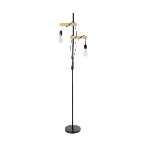 GloboStar® GloboStar® MINDELO 02034 Μοντέρνο Επιδαπέδιο Φωτιστικό Μονόφωτο 2 x E27 IP20 Μαύρο Μέταλλο με Μπεζ Ξύλο - Μ40 x Π24 x Υ175cm