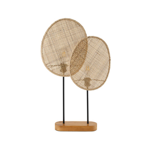 GloboStar® GloboStar® AZUL 02231 Boho Επιτραπέζιο Φωτιστικό Πορτατίφ Διφωτο 2 x E27 IP20 Μπεζ & Καφέ Ξύλο με Μαύρο Μέταλλο - Μ45 x Π11 x Υ75cm