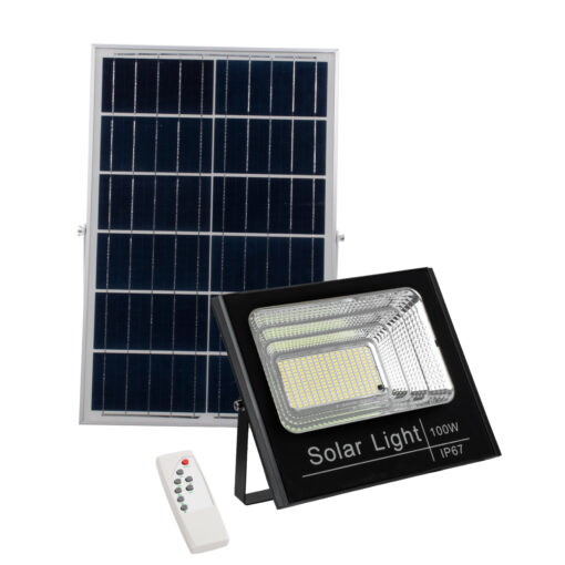 GloboStar® GLOBOSTAR® HERMES 71557 Προβολέας LED 100W 1000lm 120° DC 5V με Φωτοβολταϊκό Panel 5V 20W & Επαναφορτιζόμενη Μπαταρία Li-ion 3.2V 15000mAh Αδιάβροχο IP65 Ψυχρό Λευκό 6000K - Sanan Chip - Μαύρο - Μ31.5 x Π26.2 x Υ7.5cm - 2 Χρόνια Εγγύηση